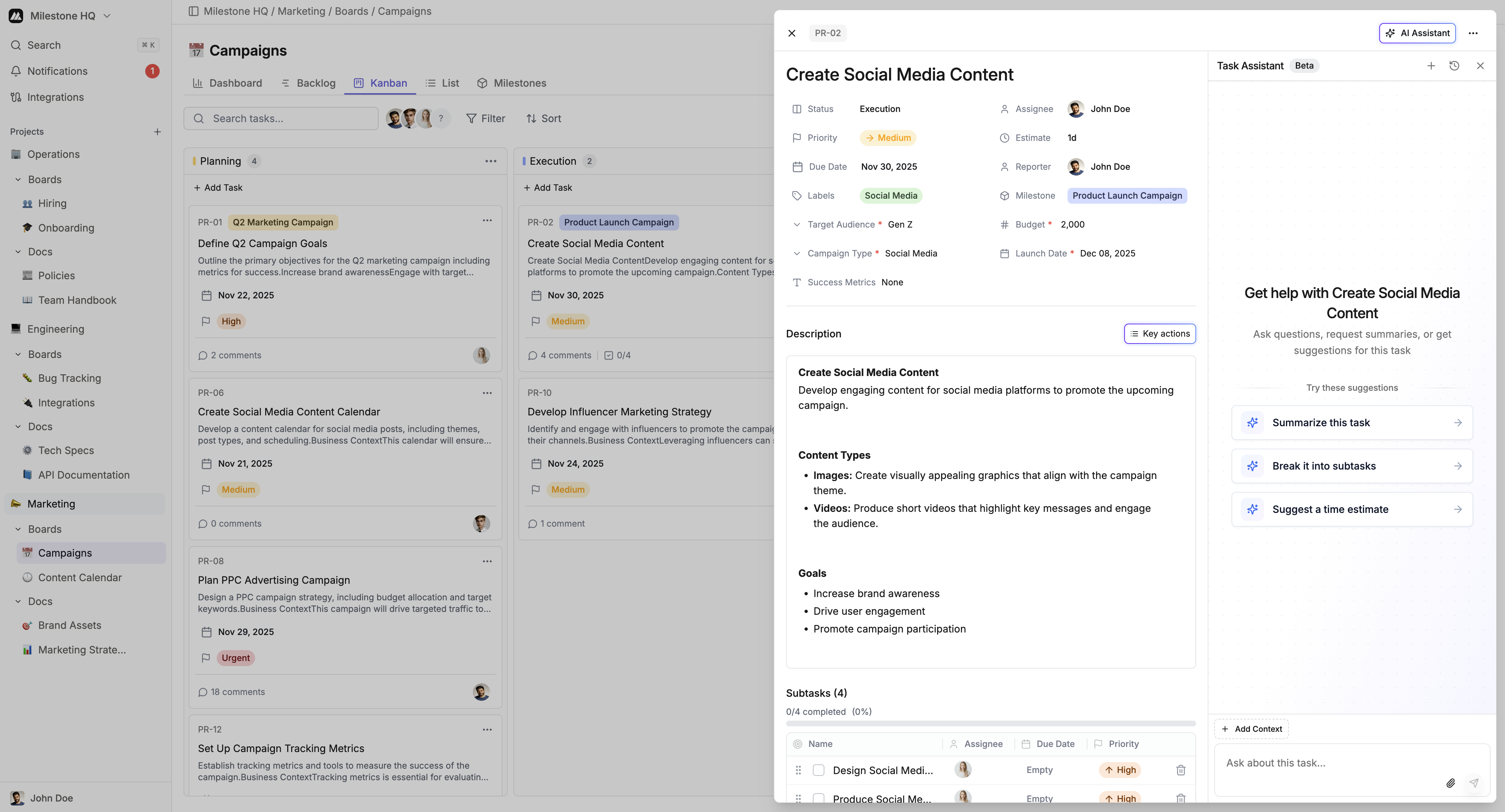 Milestone project management dashboard showing AI features, task breakdown, and team collaboration tools