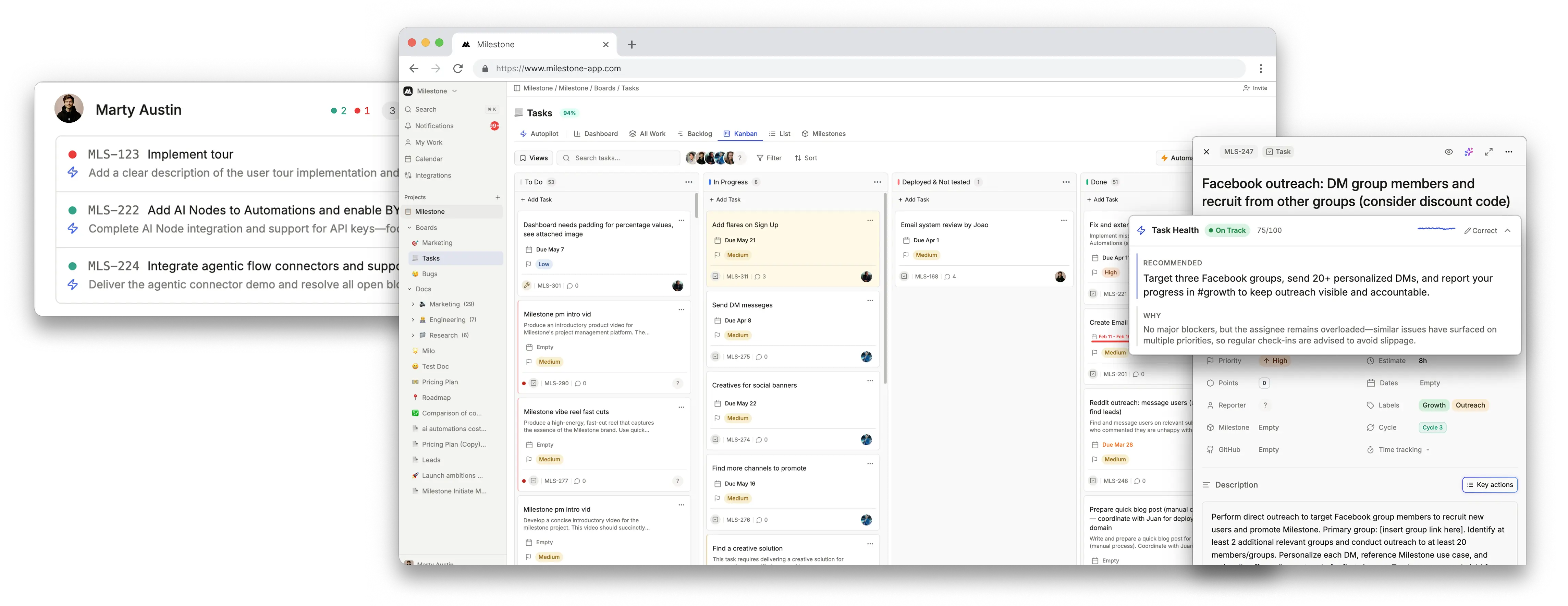 Milestone AI-powered project management dashboard showing kanban boards, task details, and AI recommendations