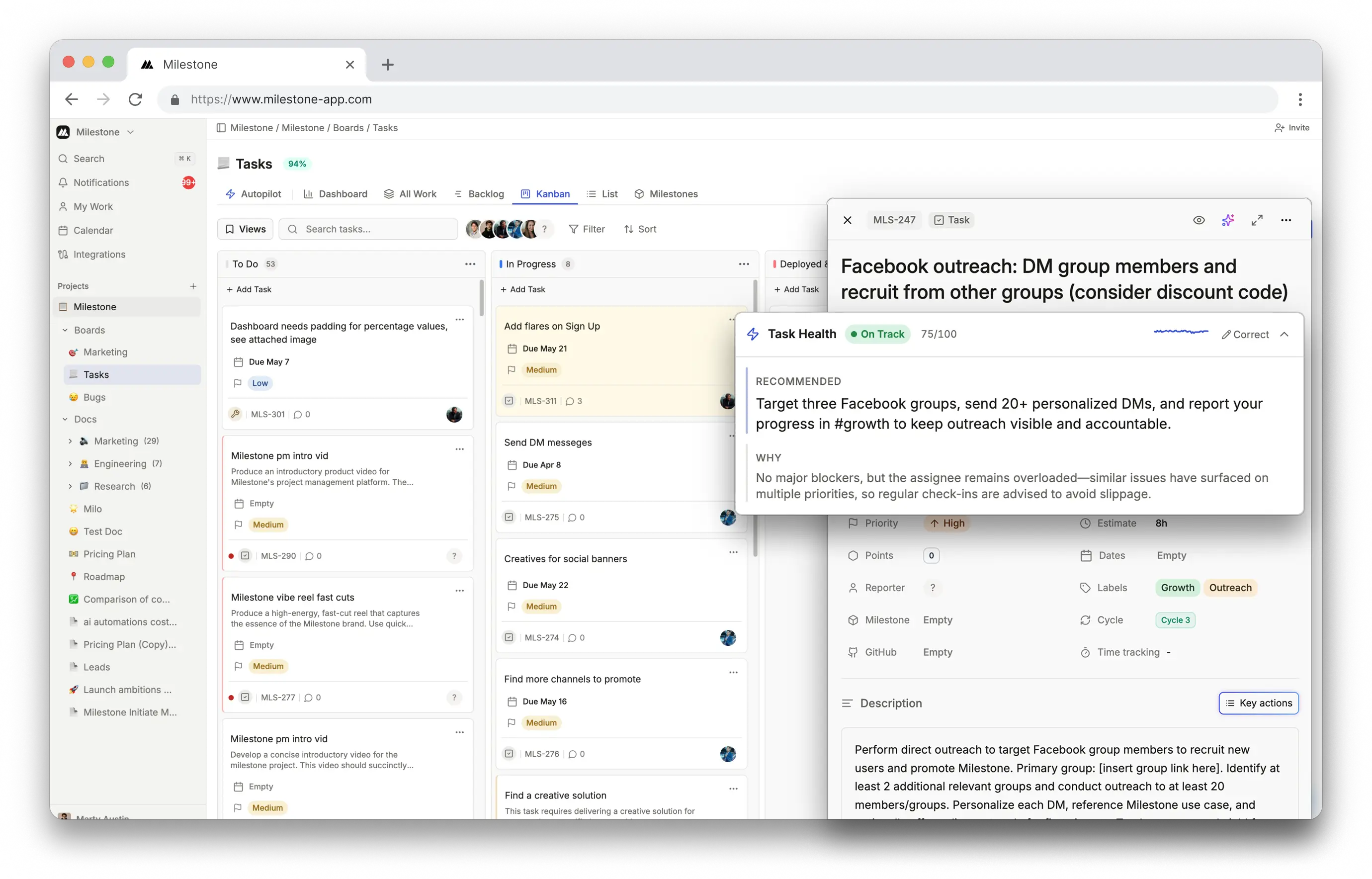 Milestone AI-powered project management dashboard showing kanban boards with tasks organized by status