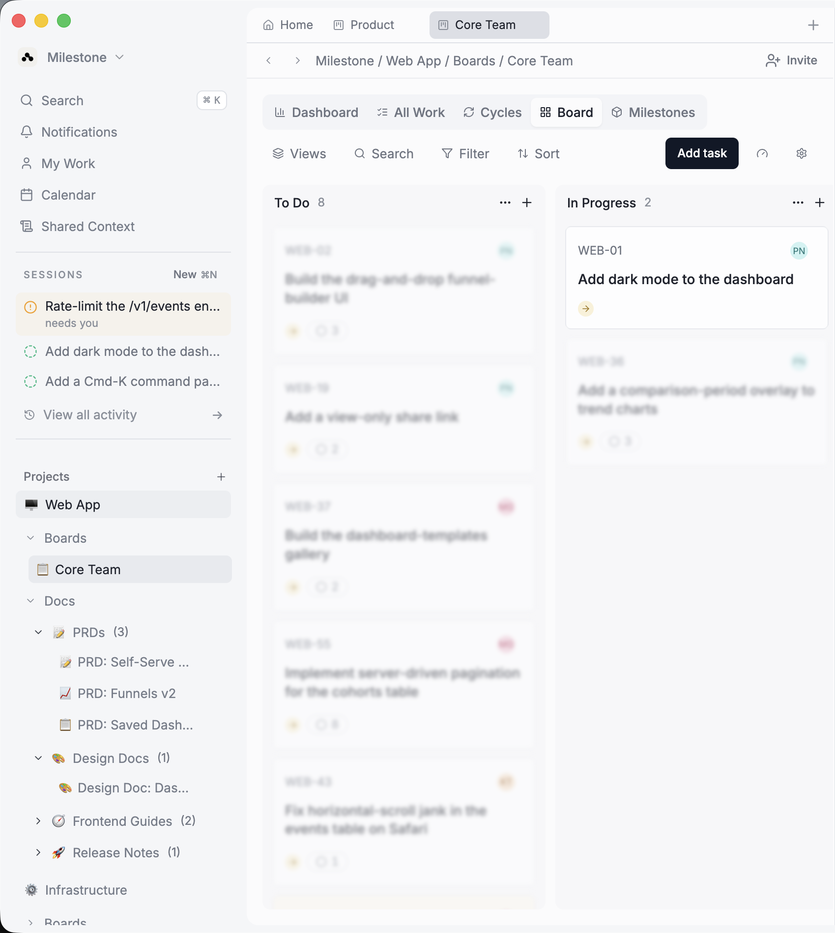 The Core Team board in the Milestone desktop app - a sidebar of humans-and-agents Sessions beside To Do and In Progress columns of real work.